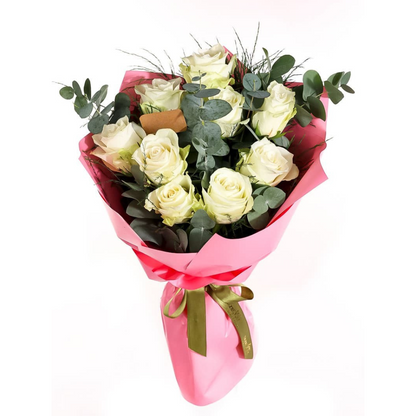 Pembe Kağıtta 9 Beyaz Gül Buketi - Rosentra | Premium Flowers