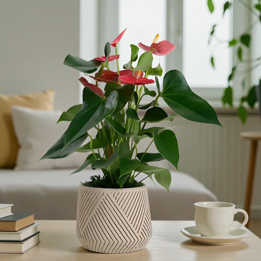 Desenli Saksıda Kırmızı Antoryum Saksı Çiçeği