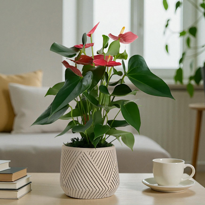 Desenli Saksıda Kırmızı Antoryum Saksı Çiçeği