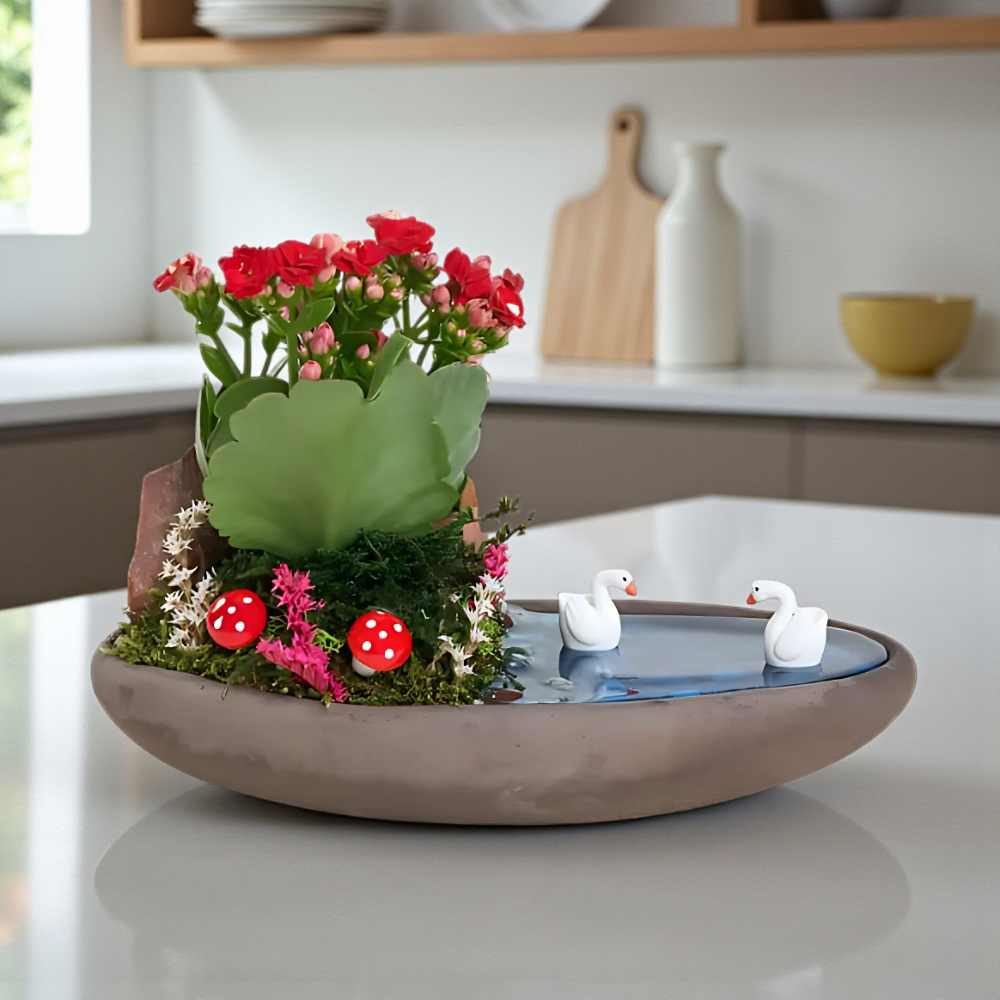 Saksıda Kırmızı Kalanchoe Teraryum