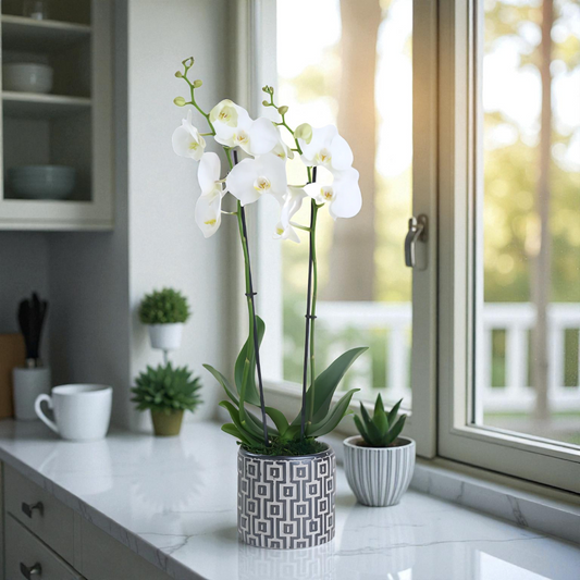 Kare Desenli Beton Saksıda Çiftli Beyaz Orkide