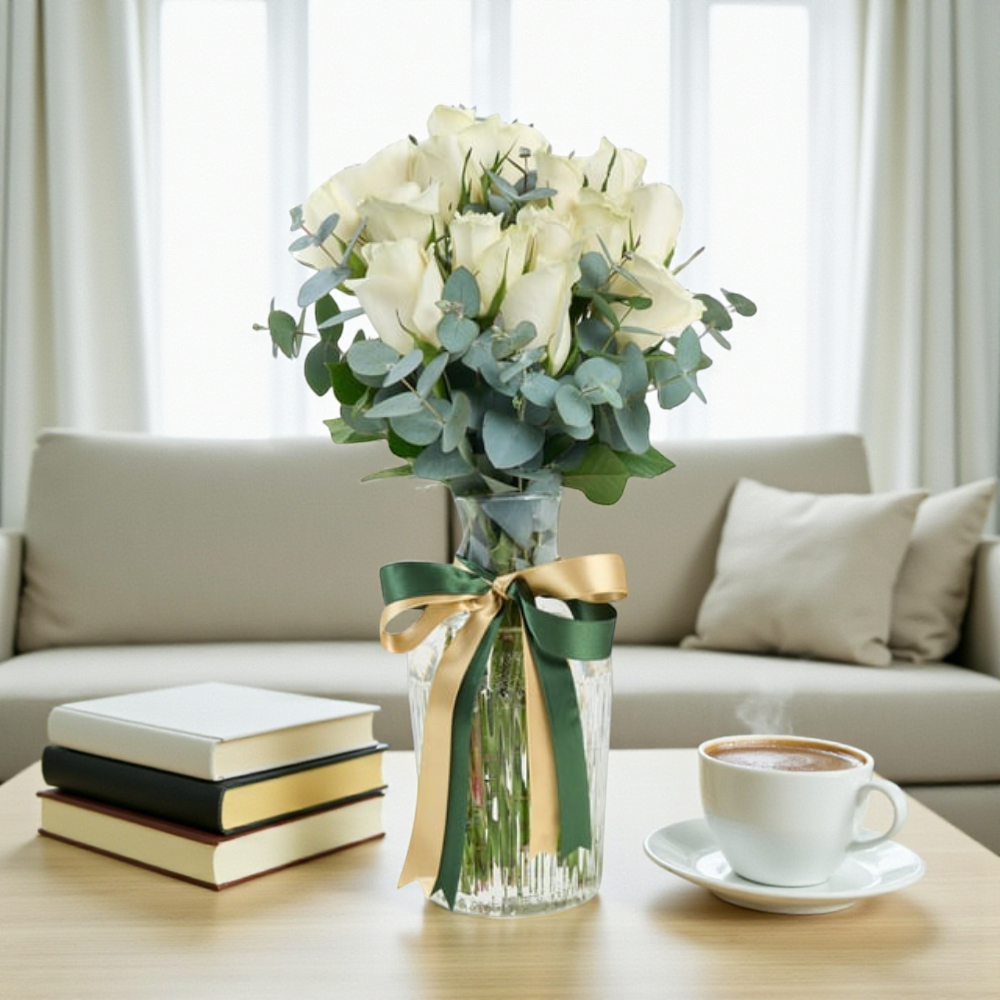 Premium Cam Vazoda 15 Beyaz Gül