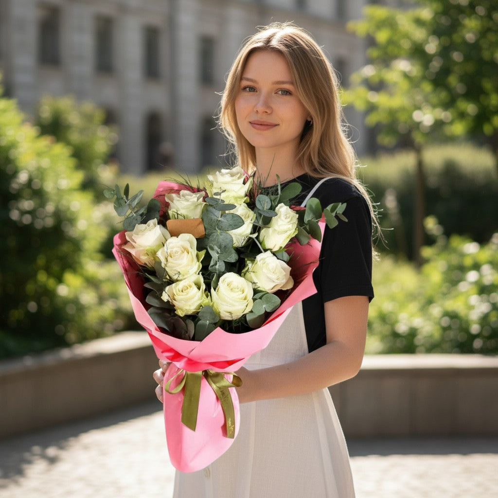 Pembe Kağıtta 9 Beyaz Gül Buketi