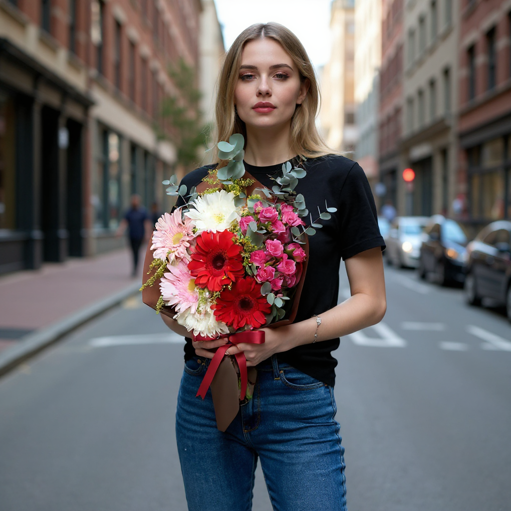 Kahve Kağıtta Gerberalar ve Pembe Gül Buketi