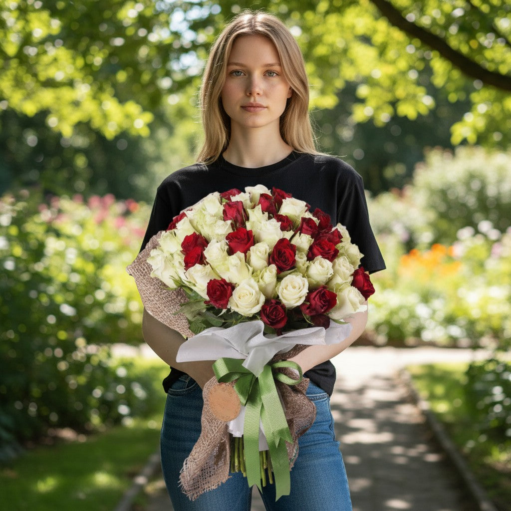 Premium Beyaz ve Kırmızı 60 Adet Gül Buketi